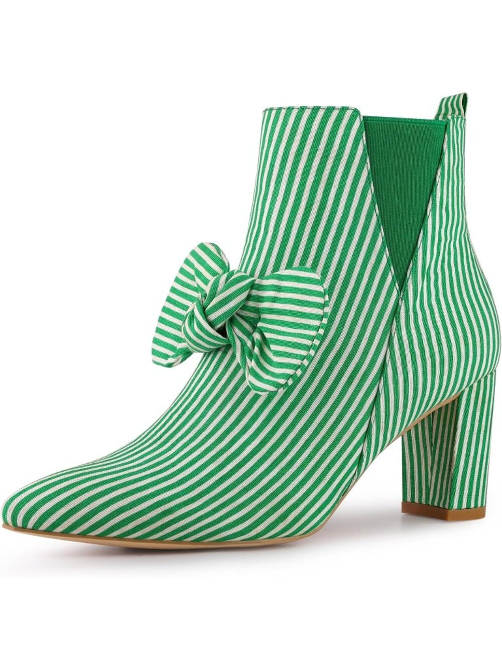 Women's Green Comfortable Pointed Toe Zip Striped Chunky Heels Dess Ankle Boots
